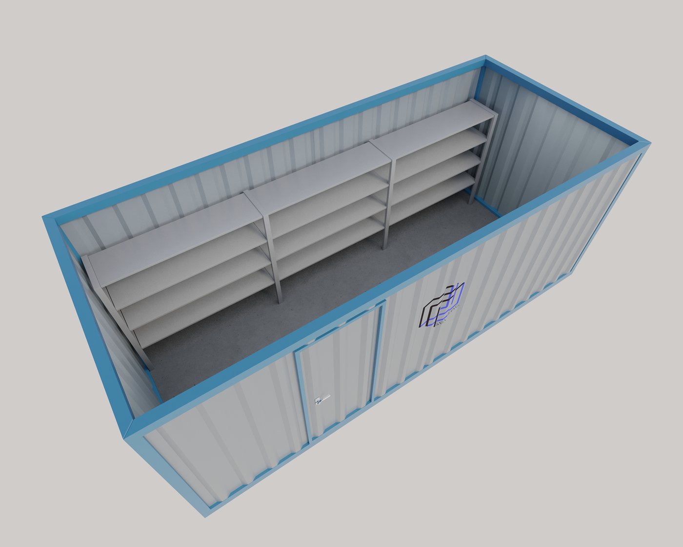 Corte 3D de bodega KELDIR con estantería