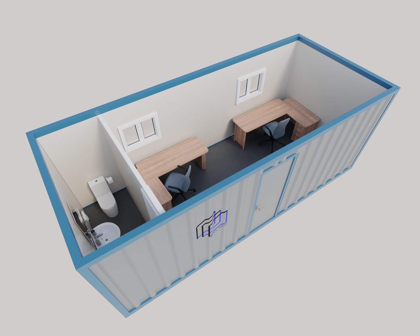 Corte 3D de oficina KELDIR con escritorios y baño