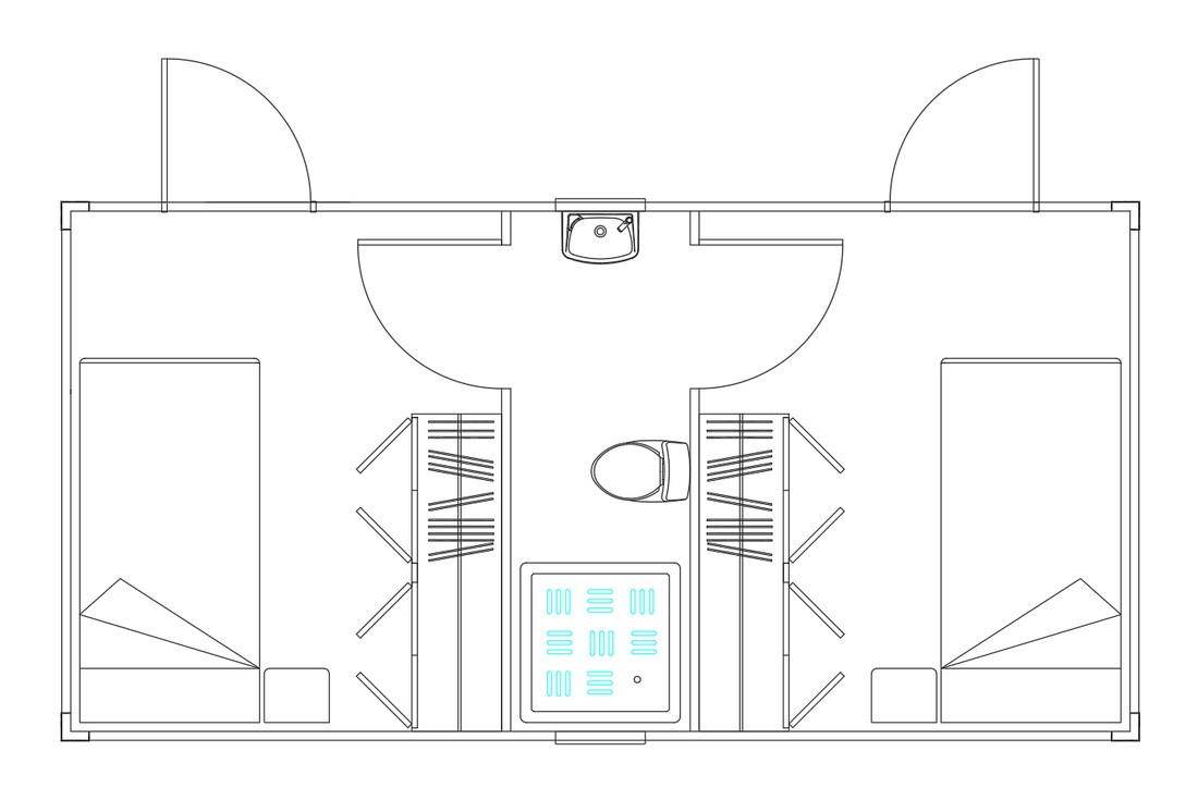 Plano de dos dormitorios con baño central